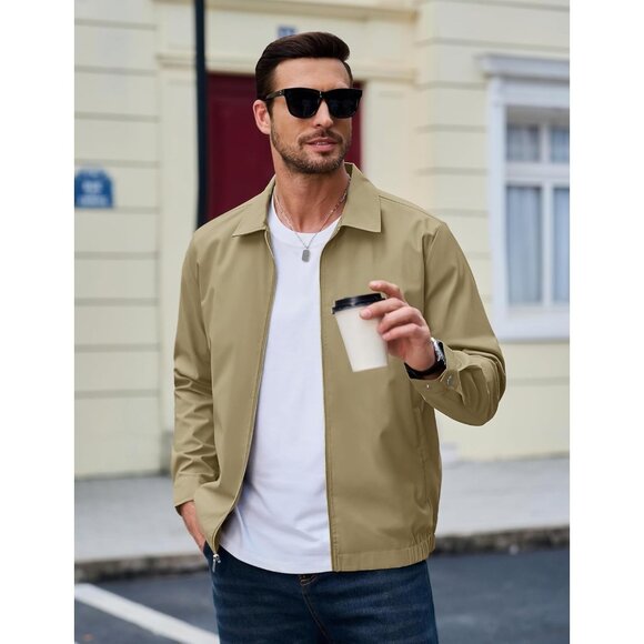 🆕 Men Khaki Lightweight Jacket Full Zip Golf Collar Windbreaker Casual Spring - Picture 6 of 7